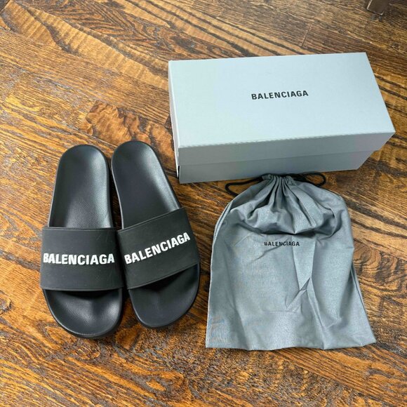 Balenciaga Smooth Pool Slide Rubber Logo Mens size 14/E47 - Picture 1 of 6